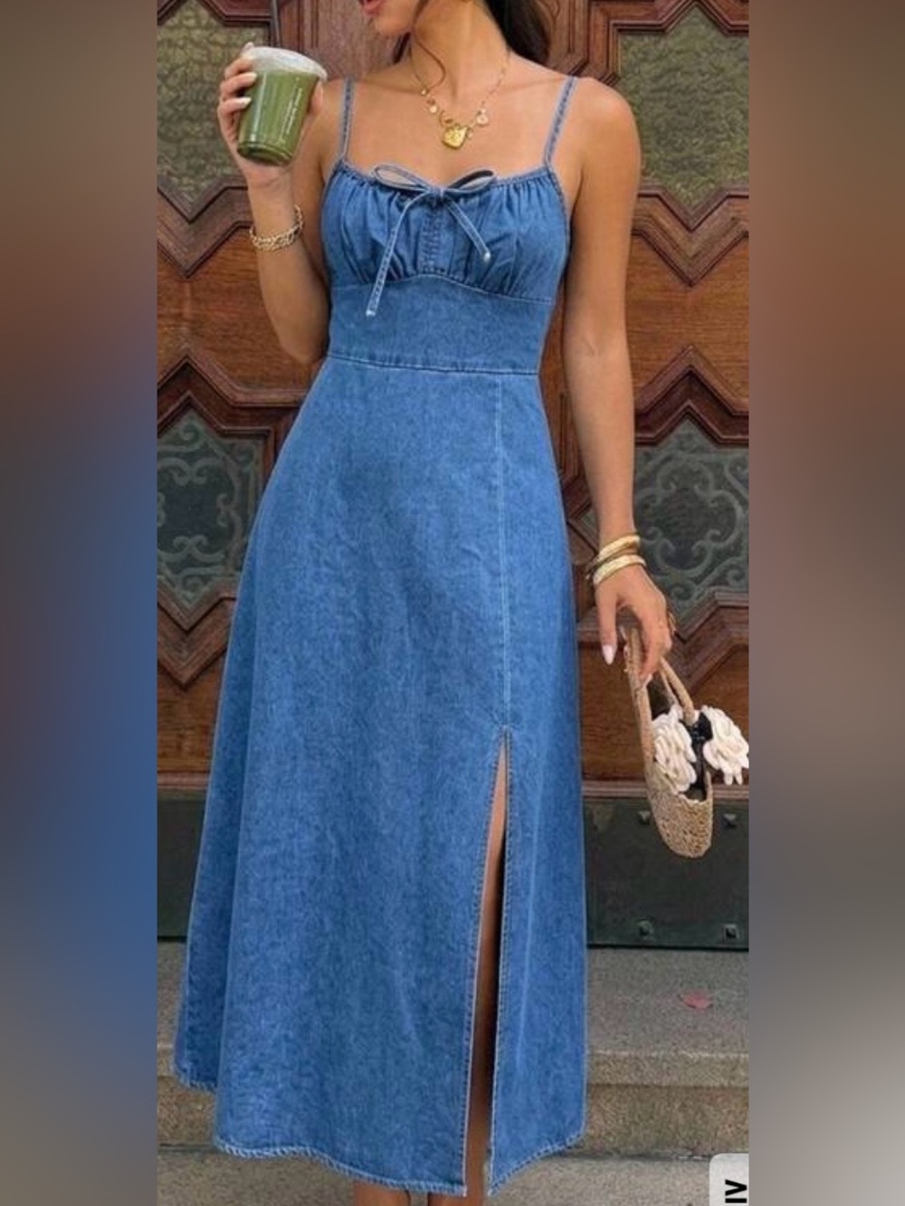 SHEIN Light Blue Denim Maxi Dress with Front Slit